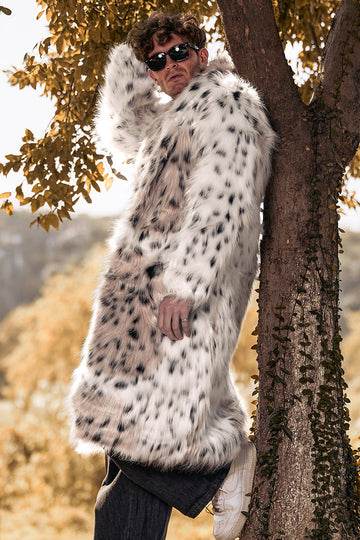 Vit Halvlång Långärmad Fuskpäls Tryckt Leopard Mäns Kappa